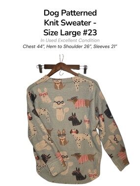 Women’s Dog Print Knit Sweater Size Large Sage blue Cozy Casual Pullover